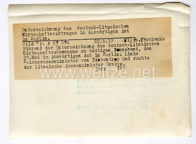 III. Reich Pressefoto. Unterzeichnung des deutsche-italienischen Wirtschaftsvertrages im Auswärtigen Amt in Berlin. 20.5.1939. Bild 2