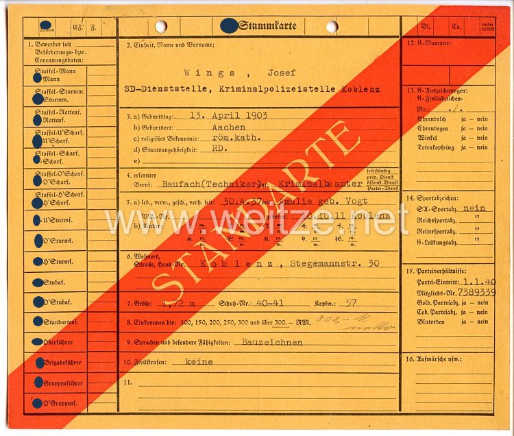 Sicherheitsdienst des Reichsführers SS ( SD ) - zwei SS-Stammkarten für einen Kriminalbeamten der SD-Dienststelle Kriminalpolizeistelle Koblenz Bild 2