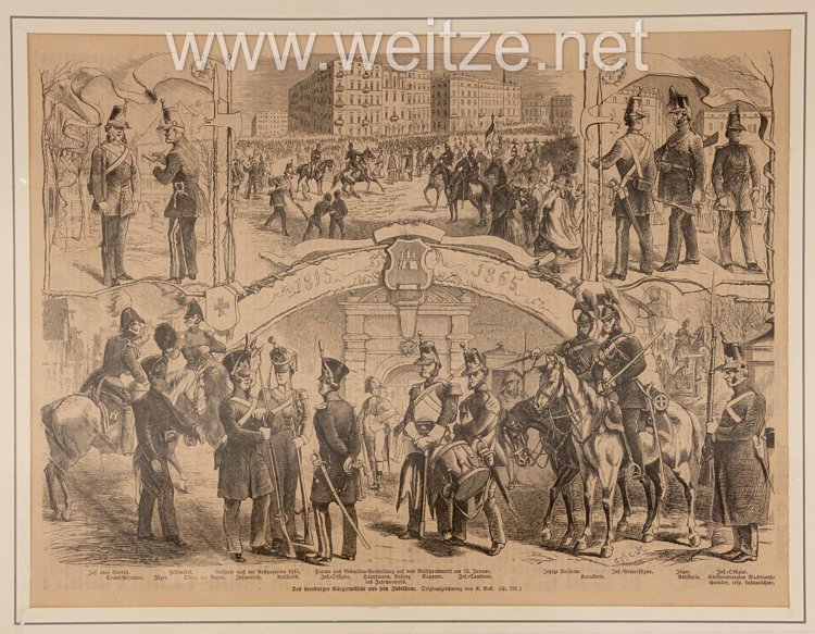 Hamburg gerahmte Lithographie Das Hamburger Bürgermilitär und sein Jubiläum - 1815-1865