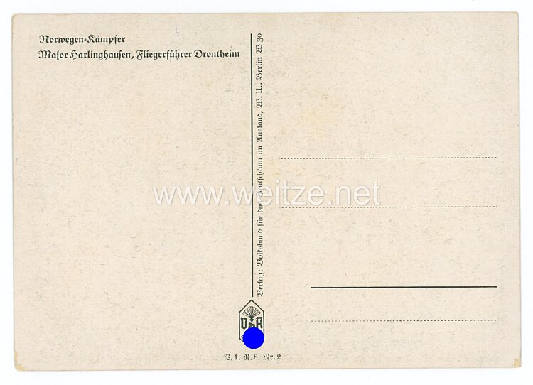 Luftwaffe - Willrich farbige Propaganda-Postkarte - Ritterkreuzträger Major Harlinghausen Bild 2