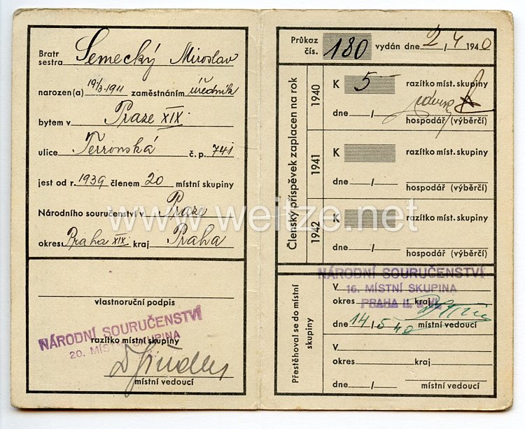 III. Reich - Tschecheslowakei - Narodni Sourucenstvi ( NS ) - Mitgliedsausweis für einen Jungen des Jahrgangs 1911 Bild 2