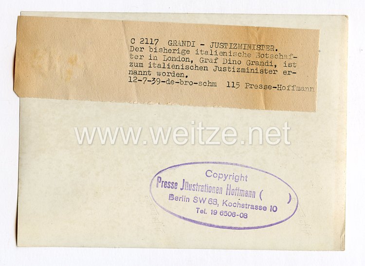 III. Reich Pressefoto. Grandi - Justizminister. 12.7.1939. Bild 2