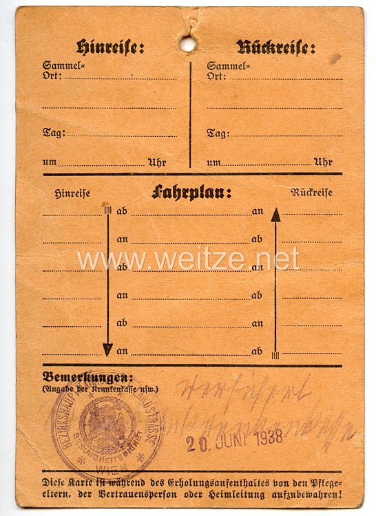 III. Reich - Reichszentrale Landaufenthalt für Stadtkinder e.V. Berlin - Datenkarte für ein Mädel des Jahrgangs 1925 aus Wien Bild 2