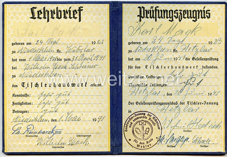 III. Reich - Handwerker-Innung der Schreiner und verwandte Berufe - Lehrbrief-Prüfungszeugnis Bild 2