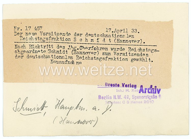 III.Reich Pressefoto, der neue Vorsitzende der deutschnationalen Reichstagsfraktion Schmidt 17.4.1933 Bild 2