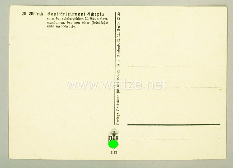 Kriegsmarine - Willrich farbige Propaganda-Postkarte - Ritterkreuzträger Kapitänleutnant Joachim Schepke Bild 2