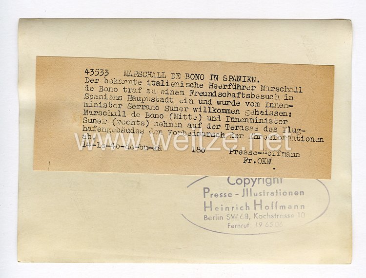III. Reich Pressefoto. Marschall De Bono in Spanien. 14.10.1940. Bild 2