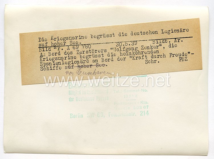 Luftwaffe Legion Condor Pressefoto: Die Kriegsmarine empfängt die heimkehrenden Spanienkämpfer auf Hoher See 31.5.1939 Bild 2