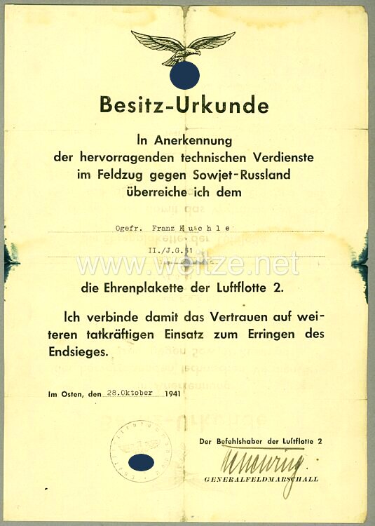 Luftwaffe - Dokumentengruppe für einen Angehörigen des Jagdgeschwaders Mölders mit der Berechtigung das Erinnerungsband 