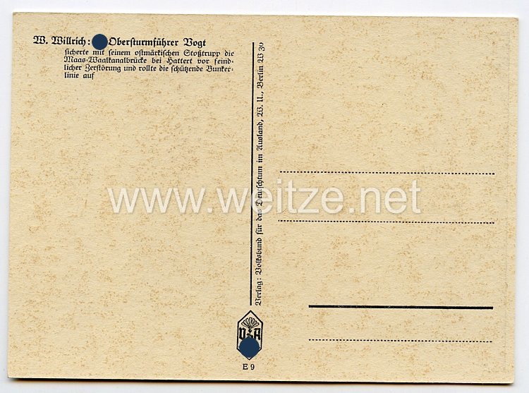 Waffen-SS - Willrich Propaganda-Postkarte - Ritterkreuzträger SS-Obersturmführer Fritz Vogt Bild 2