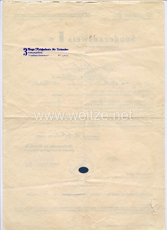 Oberkommando der Wehrmacht ( O.K.W.) Zentralstelle für Passierscheine und Durchlaßscheine - Sonderausweis I für Italien Bild 2