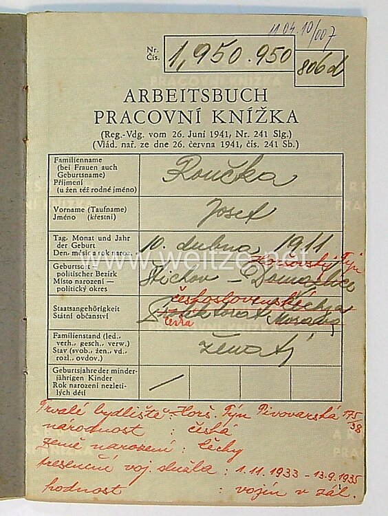 III. Reich - Protektorat Böhmen und Mähren - Arbeitsbuch für einen Mann des Jahrgangs 1911 Bild 2