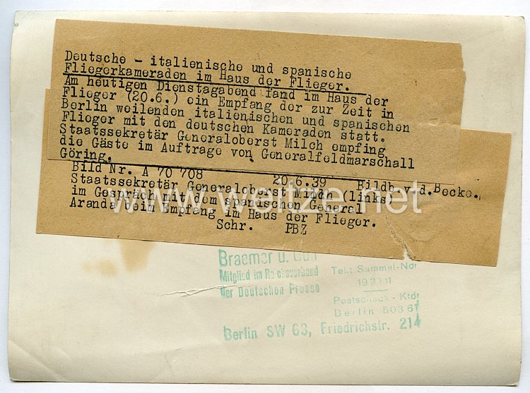 Luftwaffe Pressefoto: Generaloberst Milch im Gespräch mit dem spanischem General Aranda im Haus der Flieger Bild 2