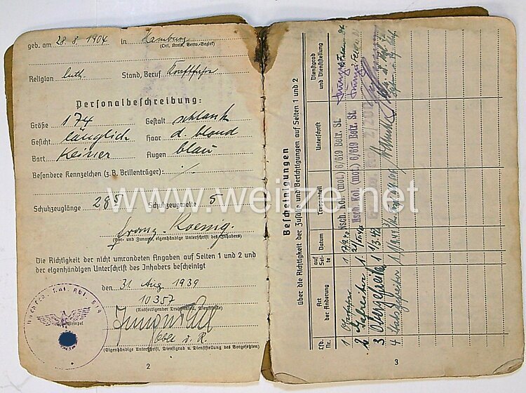 Soldbuch für einen Stabsgefreiten, zuletzt bei der Kw Transport Abt.606 , mit Eintrag Ärmelband 