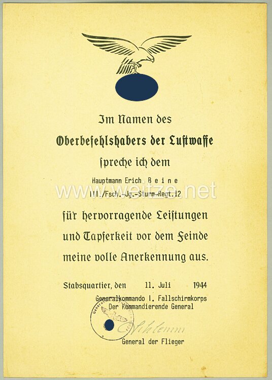 Luftwaffe - Anerkennungsurkunde für den Ritterkreuzträger Hauptmann Erich Beine der III./Fsch.-Jg.-Sturm-Rgt.12 Bild 2