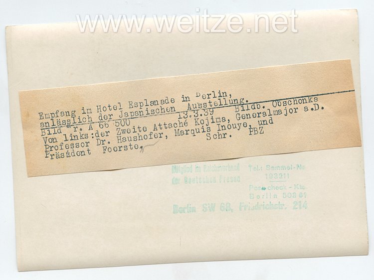 III.Reich Pressefoto, Empfang im Hotel Esplanada in Berlin 13.3.1939 Bild 2