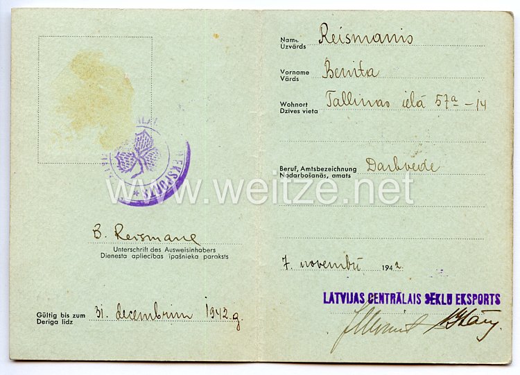 III. Reich / Lettland - Lettlands Saatenemport Zentrale - Dienst Ausweis für eine Frau Bild 2
