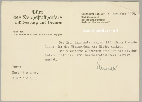 III. Reich - Originalunterschriften von Carl Röver - Reichsstatthalter in Oldenburg und Bremen, Gauleiter Weser-Ems Bild 2