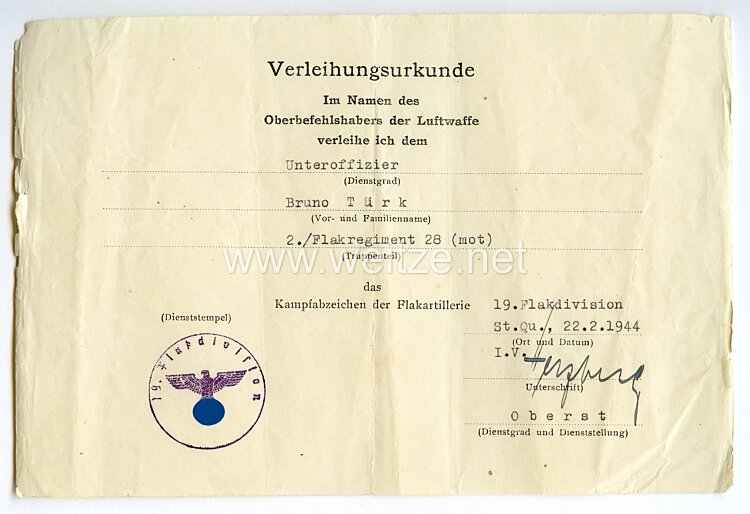 Luftwaffe - Urkundenpaar für einen Unteroffizier der 2./Flakregiment 28 (mot) Bild 2