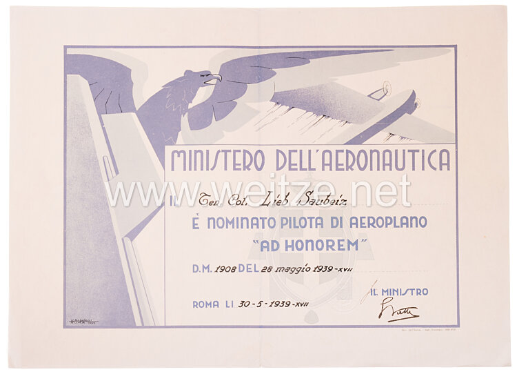 Verleihungsurkunde für das italienische Militärfliegerabzeichen an einen deutschen Major Bild 2