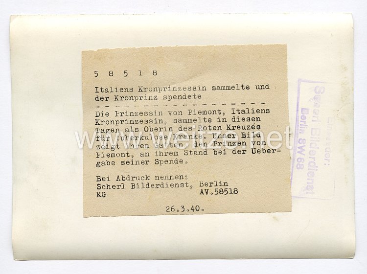 III. Reich Pressefoto. Italiens Kronprinzessin sammelte und der Kronprinz spendete. 26.3.1940. Bild 2