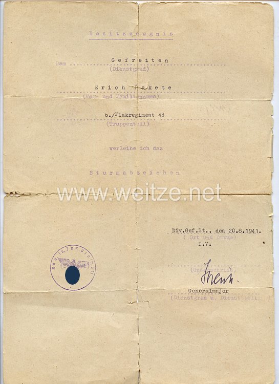 Luftwaffe - Urkundennachlass für einen späteren Stabsgefreiten der 6./Flak-Rgt.43, der seit dem 30.8.1944 in Rumänien vermisst wurde und am 27.6.1945 im Kriegsgefangenenlager Nr.215 in Uljanowsk verstorben ist. Bild 2