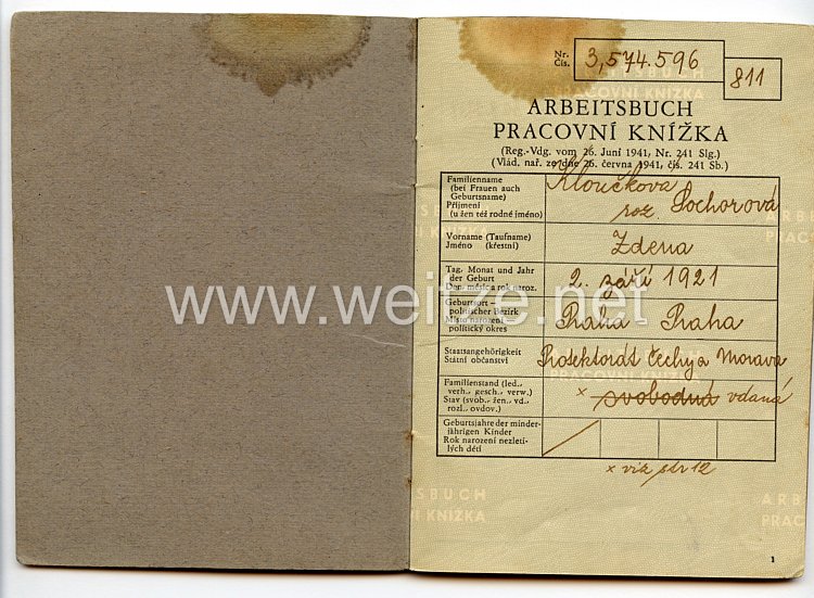 III. Reich - Protektorat Böhmen und Mähren - Arbeitsbuch für eine Frau des Jahrgangs 1921 Bild 2
