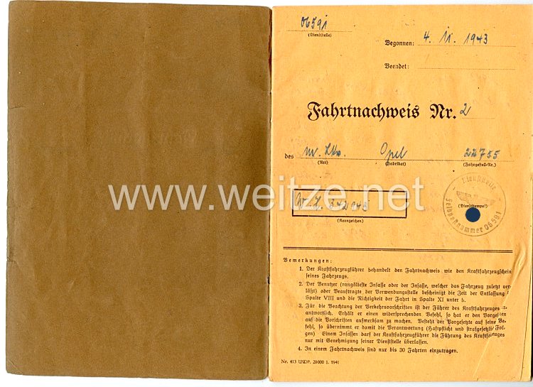 Wehrmacht Fahrzeug Fahrtnachweis für einen Opel bei der Kompanie Korps-Nachrichten-Abteilung 44  Bild 2