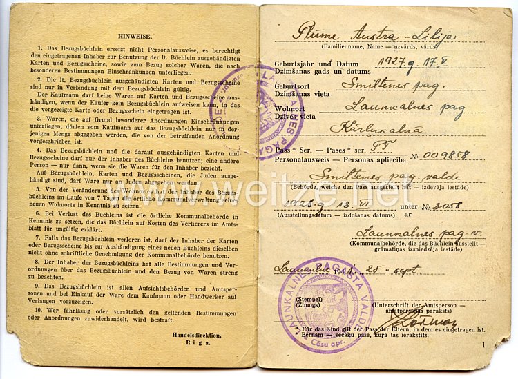 III. Reich / Lettland - Handelsdirektion Riga - Bezugsbüchlein für ein Mädel des Jahrgangs 1927 Bild 2