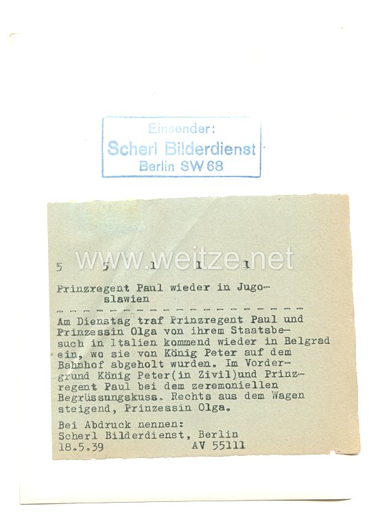 3. Reich Pressefoto: Prinzregent Paul wieder in Jugoslawien 18.5.1939 Bild 2