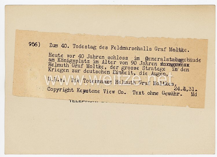 Weimarer Republik Pressefoto, zum 40. Todestag des Feldmarschalls Graf Moltke 24.41931 Bild 2