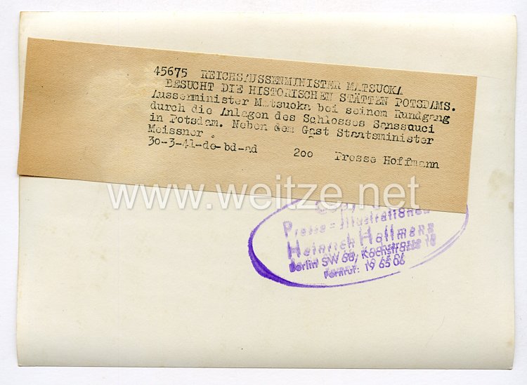 III. Reich Pressefoto. Reichsaußenminister Matsuoka besucht die Historischen Stätten Potsdams. 30.3.1941. Bild 2