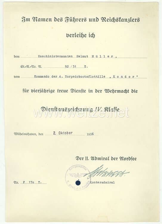 Kriegsmarine - Dokumentengruppe eines Angehörigen der 4. Torpedobootsflottille 