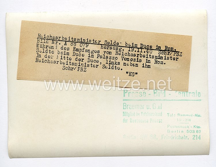 III. Reich Pressefoto. Reichsarbeitsminister Seldte beim Duce in Rom. 19.11.1940. Bild 2