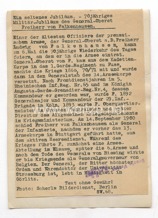 Weimarer Republik Pressefoto: Generaloberst Freiherr von Falkenau  Bild 2