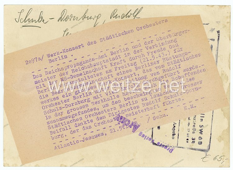 III.Reich Pressefoto, Werk.Konzert des städtischen Orchesters Berlin 21.5.1943 Bild 2
