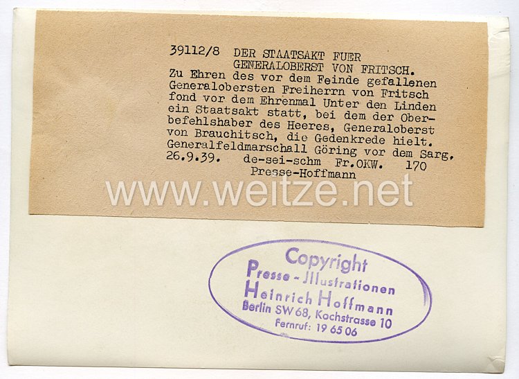 Wehrmacht Pressefoto: Staatsbegräbnis für Generaloberst Freiherrn v. Fritsch 26.9.1939 Bild 2
