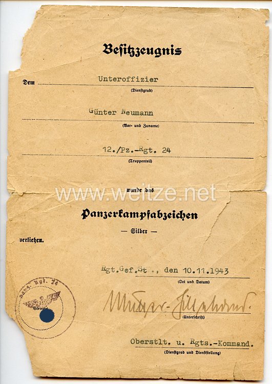 Heer - Urkundengruppe für einen Unteroffizier im Panzer-Regiment 24 mit verliehenem Panzerkampfabzeichen in Silber 2. Stufe mit Einsatzzahl 