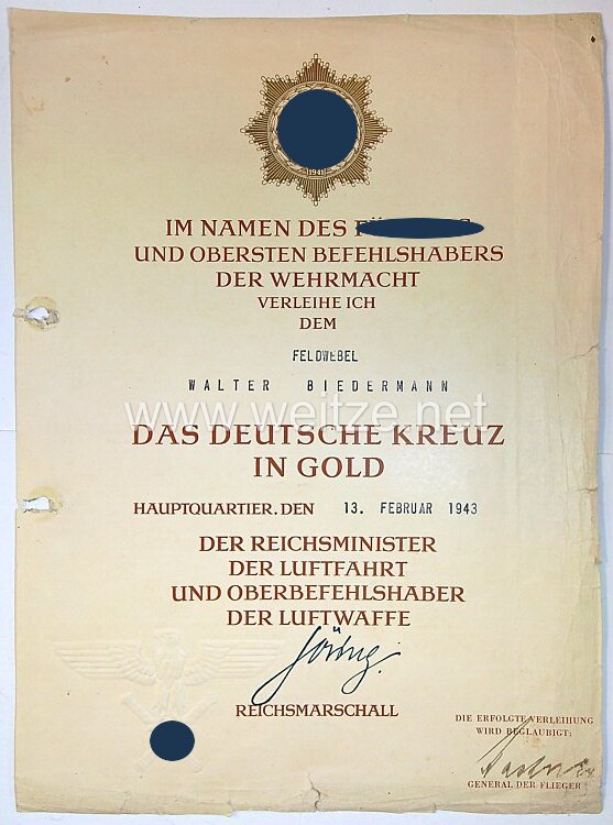 Luftwaffe - große Urkundengruppe des Trägers Deutsches Kreuz in Gold Feldwebel Walter Biedermann, Bordschütze im 5./Kampfgeschwader 55 
