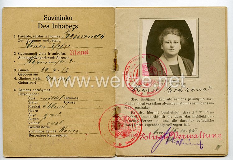Weimarer Republik - Memelgebiet Personalausweis Stadt der 
