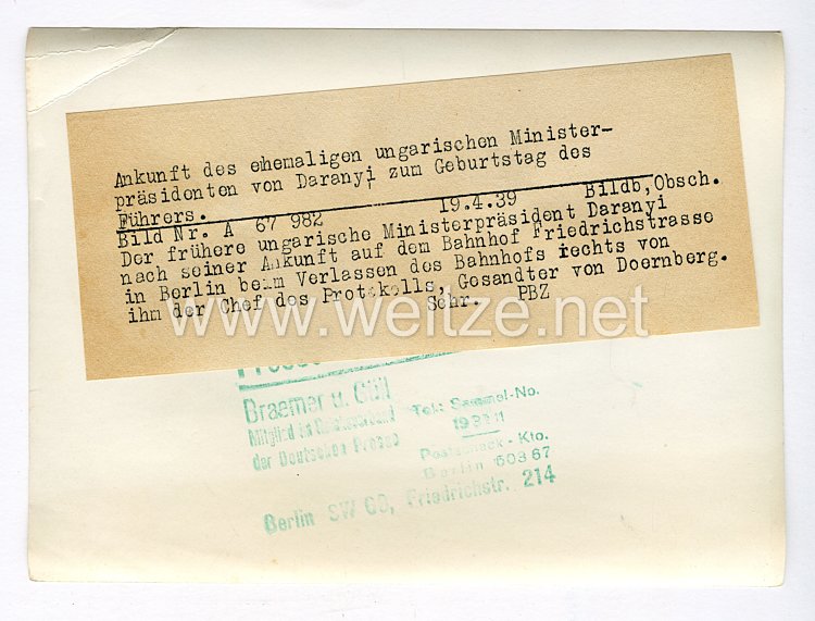 III. Reich Pressefoto. Ankunft des ehemaligen ungarischen Ministerpräsident von Daranyi zum Geburtstag des Führers. 19.04.1939. Bild 2