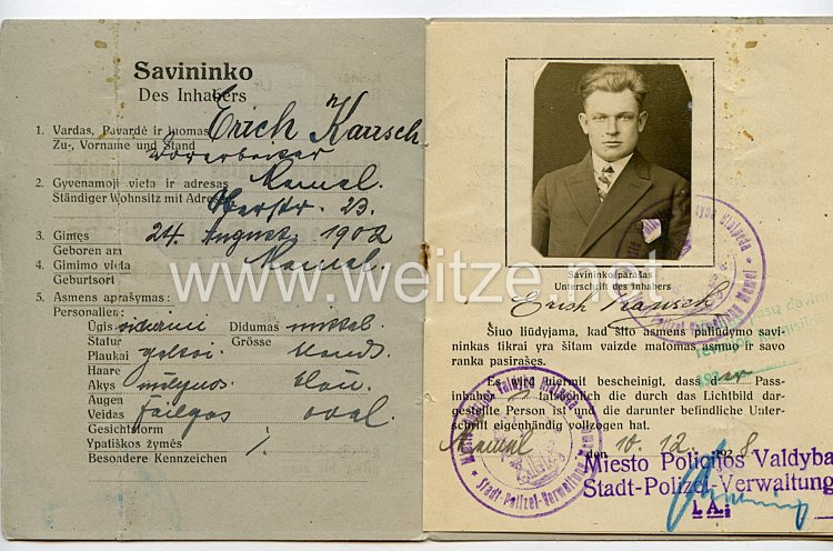 Weimarer Republik - Memelgebiet Personalausweis der Stadt 