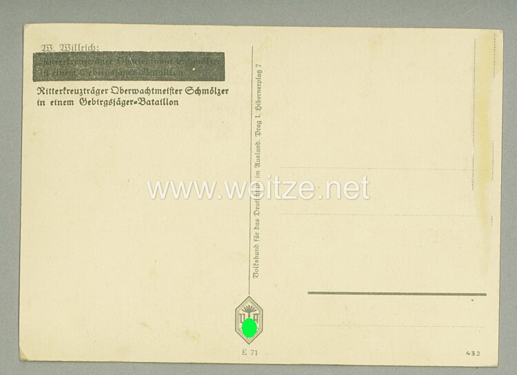 Heer - Willrich farbige Propaganda-Postkarte - Ritterkreuzträger Oberwachtmeister Johann Schmölzer Bild 2
