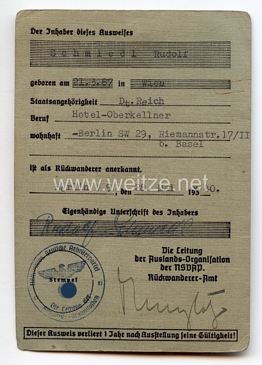 Auslands-Organisation der NSDAP - Rückwandereramt - Rückwandererausweis für einen Mann des Jahrgangs 1887 aus Wien Bild 2