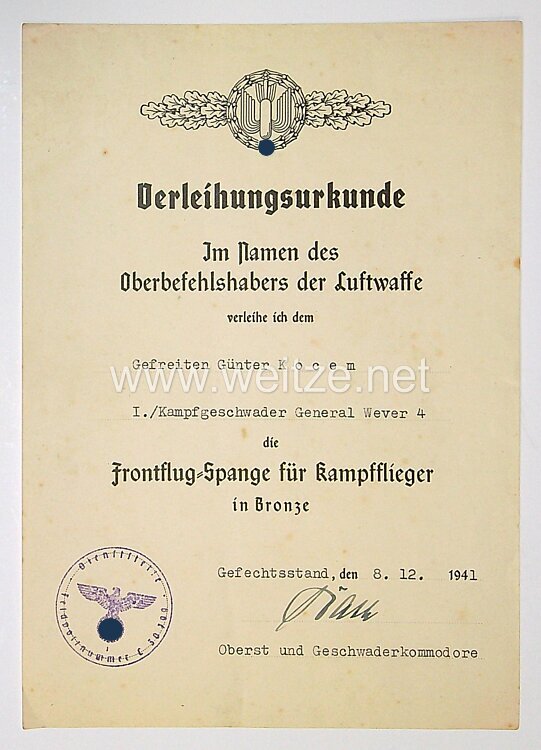 Luftwaffe - Urkundengruppe eines Obergefreiten vom Kampfgeschwader 4 „General Wever“ Bild 2