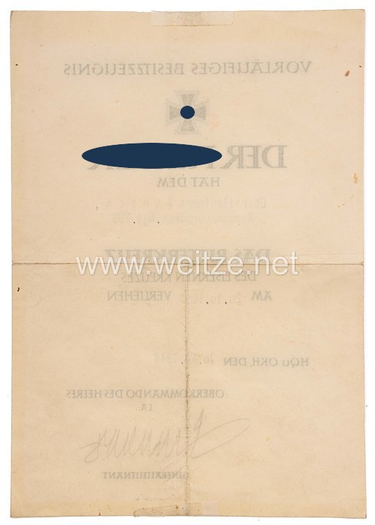 Wehrmacht - Vorläufiges Besitzzeugnis für das Ritterkreuz des Eisernen Kreuzes für Oberstleutnant Karl Winzen, Kommandeur Grenadier-Regiment 289 Bild 2