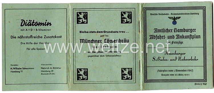 III. Reich - Amtlicher Hamburger Abfahrt und Ankunftplan der Fernzüge, Hamburger S- Bahn und Nahverkehr vom 1. Nov. 1943 bis 20. März 1944 Bild 2