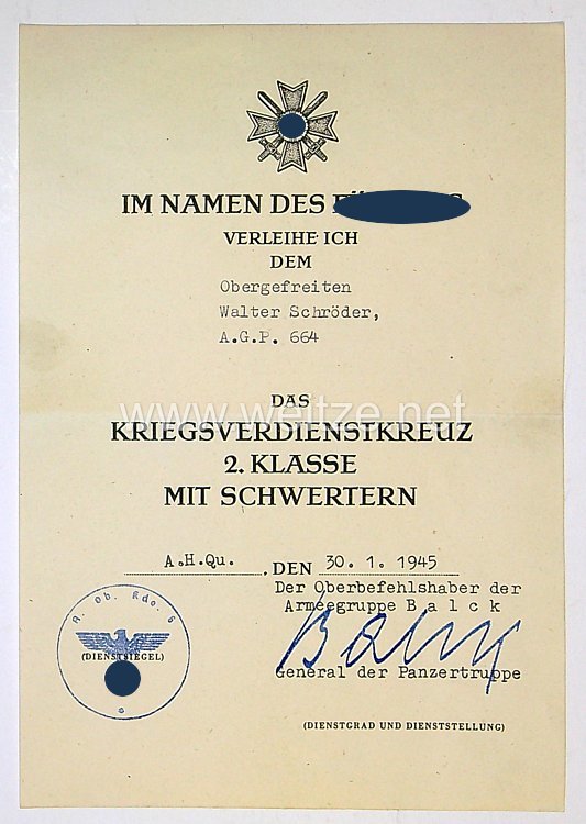 Urkundenpaar von einem Obergefreiten /Ärmelband Afrika u. Kriegsverdienstkreuz 2.Kl. mit Schwertern Bild 2