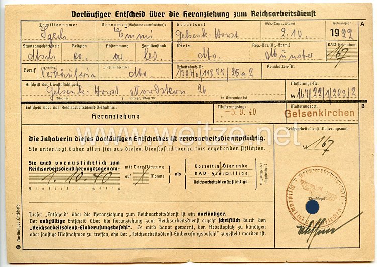 Reichsarbeitsdienst ( RAD ) - Vorläufiger Entscheid über die Heranziehung zum Reichsarbeitsdienst Bild 2