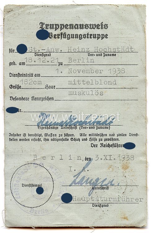 Allgemeine-SS - Truppenausweis der SS-Verfügungstruppe ( Leibstandarte SS Adolf Hitler ) Bild 2